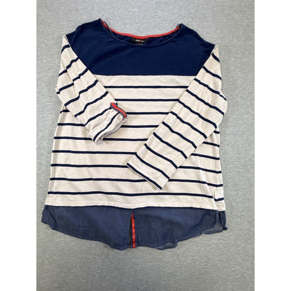 Style & Co Womens Large Striped Mixed Media Roll Tab Sleeve Top Navy Blue White